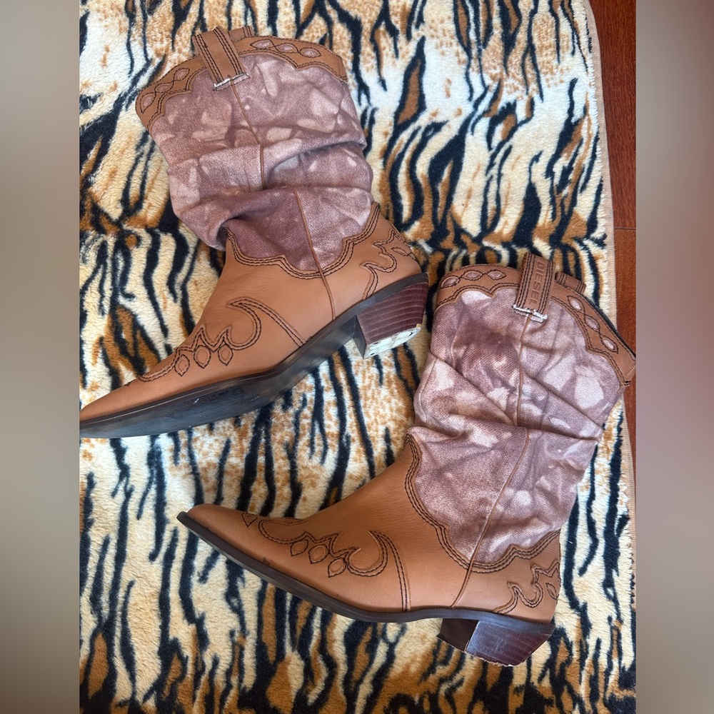 DIESEL BOOTS LEATHER/CANVAS  WESTERN COWGIRL RODEO SZ 8 RUGGED RARE ICONIC - Picture 3 of 17